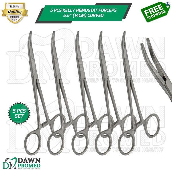 5 Pcs Kelly Hemostat Forceps Curved 5.5" Locking Clamp Surgical Dental German Gr