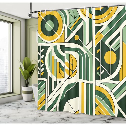 Ambesonne Green Shower Curtain, Mid Century Modern Boho Inspired Geometric Roundy Shapes and Lines Leaves, Cloth Fabric Bathroom Decor Set with Hooks, 69" W x 70" L, Earth Yellow Pale Teal