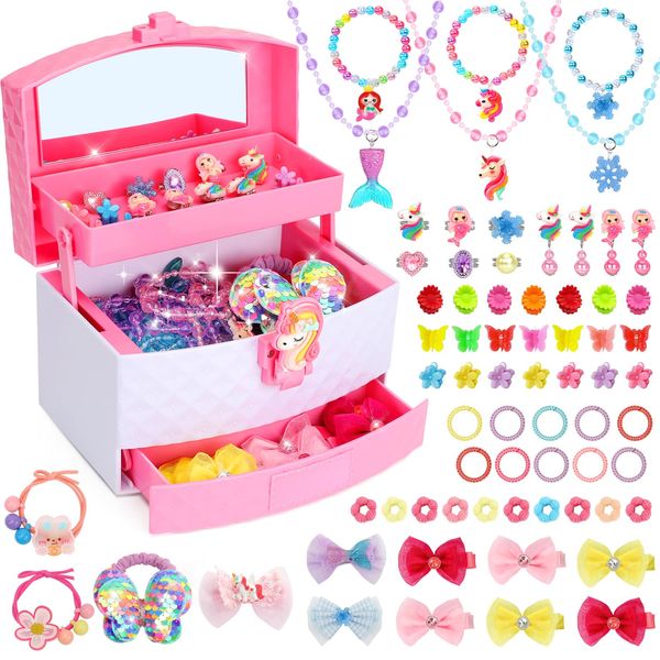 Kids Jewelry for Girls, 68Pcs Toddler Jewelry Toys Princess Dress Up Jewelry Set, Necklaces, Bracelets, Kids Rings, Hair Ties, Hair Clips, Funny Christmas Birthday Gifts for 3 4 5 6 7 8 Year Old Girl