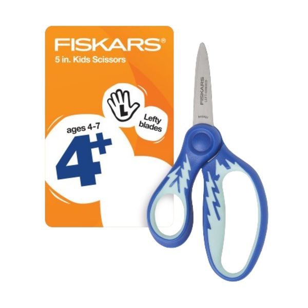 Fiskars 5" Softgrip Left-Handed Pointed-Tip Scissors for Kids Ages 4+ - Left-Handed Scissors for School or Crafting - Back to School Supplies - Blue Lightning