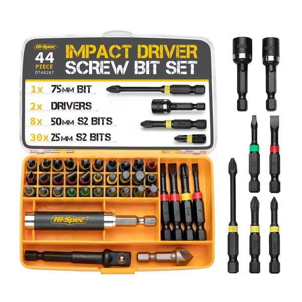 Hi-Spec 44pc Impact Drill Driver Screw Bit Set with Popular PZ & PH Sizes. 1/4 Hex S2 Screwdriver Bits with Nut and Socket Drivers.