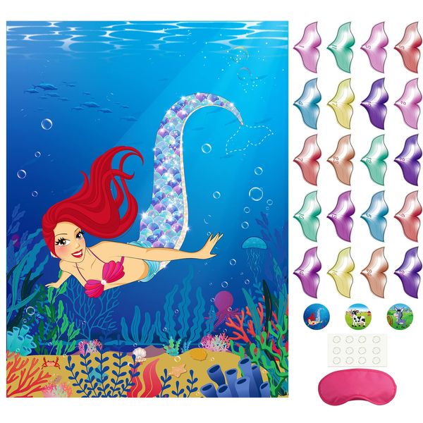 Morcheiong Pin The Tail on The Mermaid Birthday Party Game with 48pcs Tails for Kids Mermaid Birthday Supplies Decorations Favors