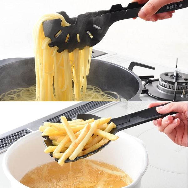 Ernest A-77436 Silicone Tongs (Silicon), Can Be Boiled, Fryed, Stir-fryed, Heat Resistant, 11.0 - 11.2 inches (28 - 28.5 cm), Place on Frying Pans, Pasta (Easy to Collect Stir-Fry Spoon), Black