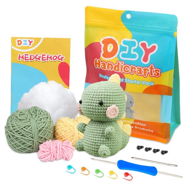 ZMAAGG Beginners Crochet Kit, Crochet Animal Kit, Knitting Kit with Yarn, Polyester Fiber, Crochet Hooks, Step-by-Step Instructions Video, Crochet Starter Kit for Beginner DIY Craft Art (Dinosaur)