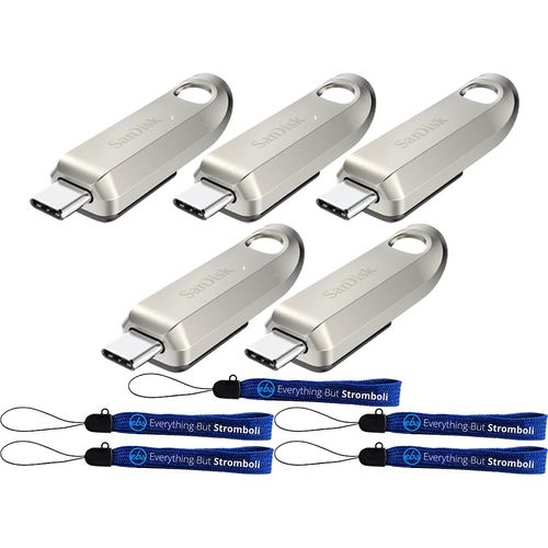 SanDisk Type-C Ultra Luxe USB 3.2 Gen 1 64GB Flash Drive 5 Pack Up to 300 MB/s Read Speed Compatible with Computers and Laptops (SDCZ75-064G-G46) Bundle with (5) Everything But Stromboli Lanyards