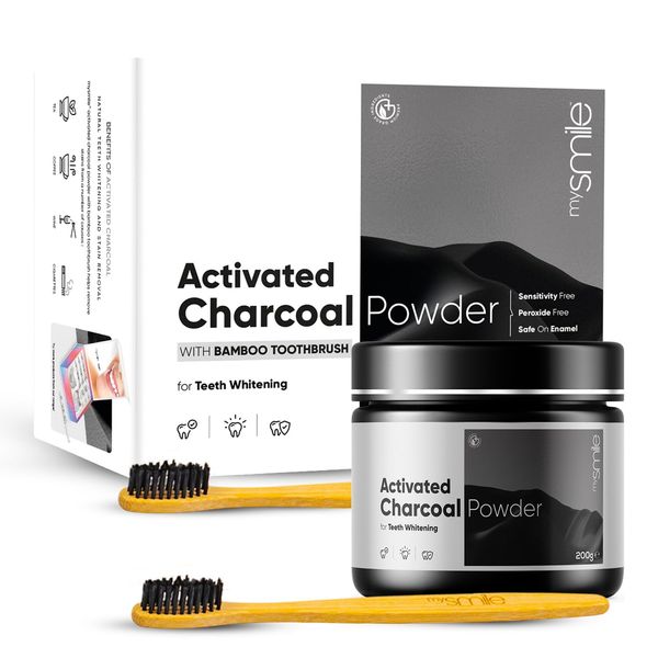 Activated Charcoal Teeth Whitening Powder 200g with 2 Bamboo Toothbrushes - Natural, Sensitivity-free & Enamel-Safe Teeth Whitener from Coconut - Remove Teeth Stain Effectively - Mint for Fresh Breath