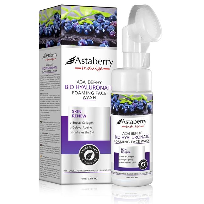 Acai Berry Foaming Face Wash Daily Facial Cleanser | Hyaluronic Acid, Silicon Exfoliating Scrub Brush | Anti Aging, Hydrating, Acne, Dark Spot Control for Sensitive Dry Oily Skin