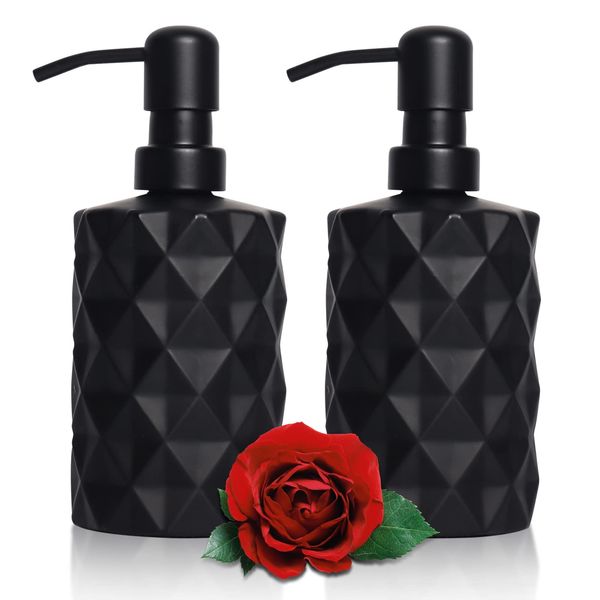 Glass Soap Dispenser, 330ml Black Soap Dispenser with Rustproof Metal Pump, 12 Oz Refillable Hand Soap Dispenser Bottle, Bathroom Accessories Hand Wash and Shampoo Lotion for Kitchen Countertop, 2Pcs