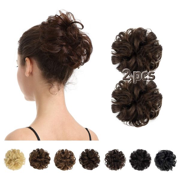 100% Human Hair Bun,BARSDAR 2 PCS Messy Bun Hair Piece With Elastic Rubber Band Curly Natural Ponytail Extension Hairpiece for Women/Kids Tousled Updo Chignons(2PCS, Brown)