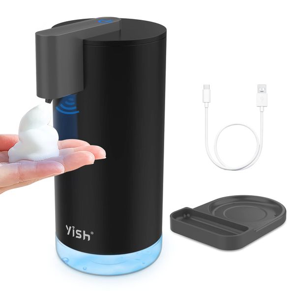 Touchless Automatic Foaming Soap Dispenser: YISH Bathroom Countertop Soap Dispenser Black Electric Hand-Free Soap Foam Soap Dispenser for Kitchen, 2.93×2.93×6.35 inches, Y180