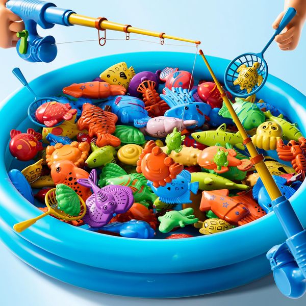 Magnetic Fishing Pool Toys Game for Kids Toddlers 3-5 4-8, Fishing Water Table Bathtub Toy with Inflatable Pool Pole Rod Net Plastic Floating Fish, Water Bath Pool Outdoor Toys for Kids Toddlers Baby