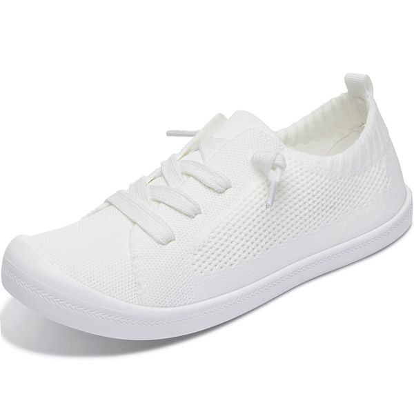 ALTOCIS Women's White Knit Slip On Sneakers Ladies Elastic Low Top Flats Lightweight Breathe Mesh Fashion Sneakers Cute Flying Woven Loafers(White US8)