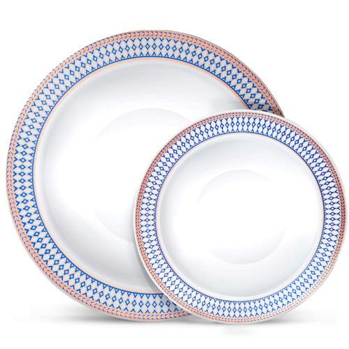 Laura Stein Designer Wedding Dinnerware Set | 64 Disposable Plastic Party Bowls | Blue & Rose Gold Accents - 32 x 12 oz Soup + 32 x 5 oz Dessert Bowls