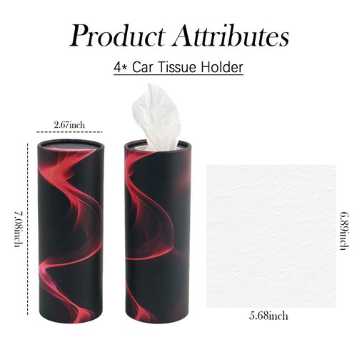 4PCS Extractable Car Tissue Holder,Stylish Cylinder Car Tissue Box with Black & Pink Wave Design,Travelling and Camping Essential Cup Holder Tissues Contains 50 Facial Tissues