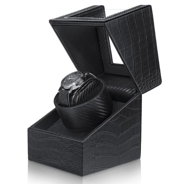 JQUEEN Single Watch Winder, Black Watch Winder Crocodile Pattern Leather with Quiet Japanese Motor