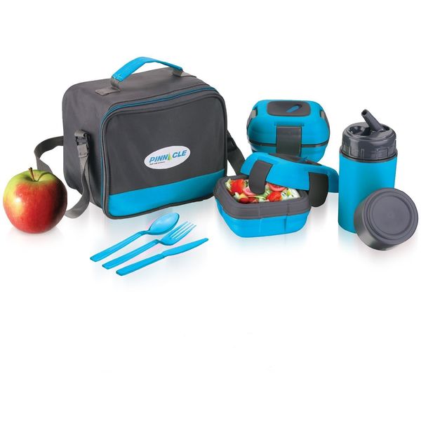 Pinnacle Thermoware Lunch Box Bag Set for Adults and Kids, Blue, Plastic and Stainless Steel, Matching Cutlery