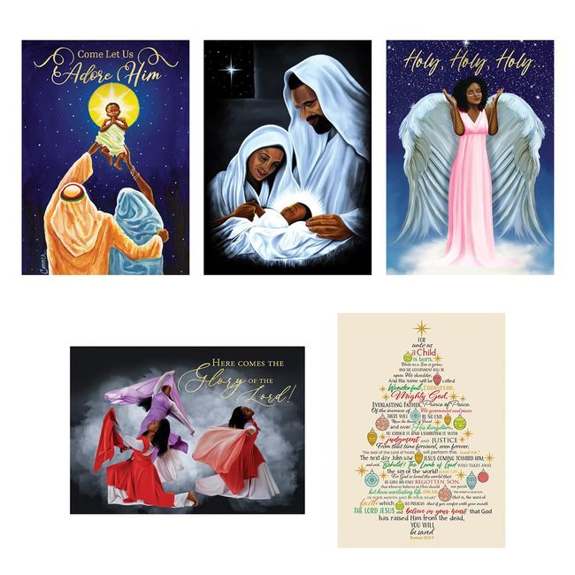 African American Expressions - Embossed Christmas Cards Boxed Set - Traditional Religious Designs - Set of 15 (5x7) Cards with Foil-Lined Envelopes & Gold Sticker Seals - Assortment 4