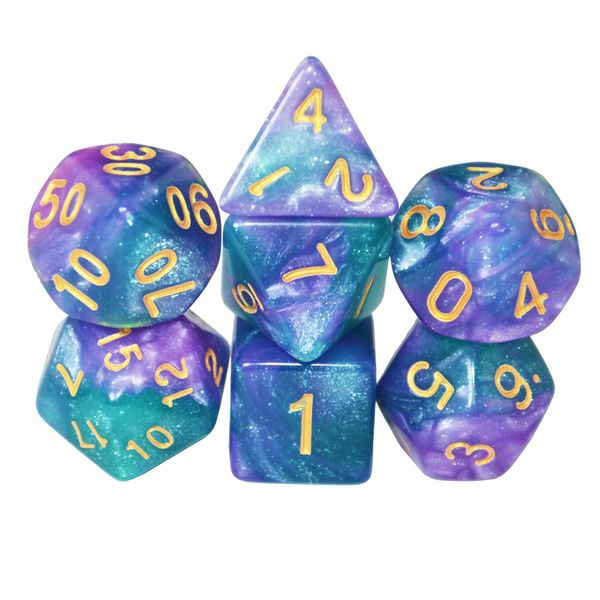 SmartDealsPro Glitter Polyhedral Dice Sets with Pouches for DND RPG MTG Dungeon and Dragons Table Board Roll Playing Games D4 D8 D10 D12 D20 (Blue-Purple)