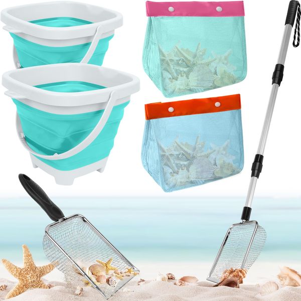 6 Pack Shelling Tools for Beach Include Seashell Bag, Shark Tooth Sifter Shovel Sand Scoop,Collapsible Beach Bucket & Shell Scooper with Extra Long Adjustable Handle, Adult Kids Beach Game Toys