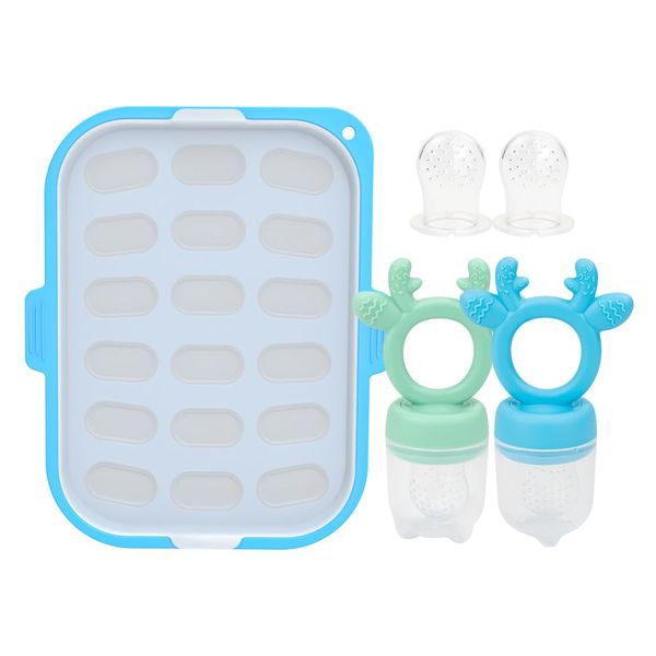 Morlike Silicone Baby Fruit Food Feeder & Breastmilk Popsicle Freezer Molds Tray, Baby Teething Relief Toys & Infant Self Feeding Storage Containers Set, BPA Free (Green & Mint)