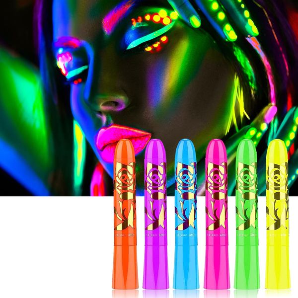 Rosarden Neon Face Paint and Body Paint Stick - 6 Colors UV Blacklight Neon Fluorescent Face Paint, Non Toxic Face Painting - Club Makeup Art Paint Kit for Adults Kids Party Carnival (6PCS)