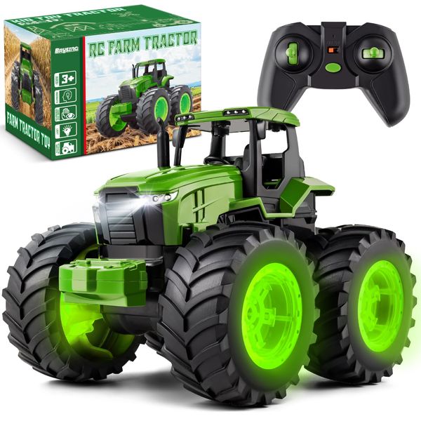 BAYSING Remote Control Tractor Toys, Light Up Monster Truck Toy for Boys 3,4,5,6,7 Years Old, Kids 2.4 Ghz RC Farm Tractor Toys, Ideal Christmas, Birthday Toys Gift for Kids Age 3-7 Years Old