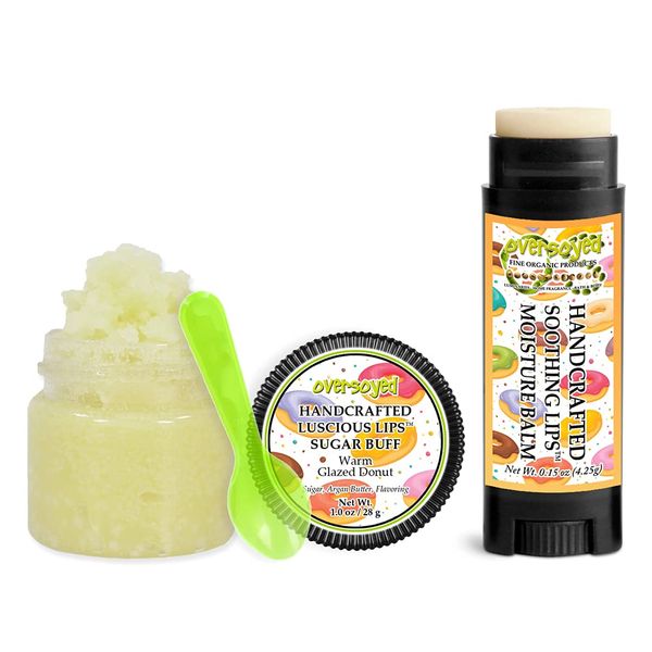 Warm Glazed Donut Soothing & Luscious Lips by OverSoyed Exfoliator & Chapped Lip Repair Lip Care Combo | Artisan Handcrafted to Order Sugary Buttermilk Baked Doughnut Sugary Glaze Flavored Exfoliating Sugar Lip Scrub & Lip Moisturizer Balm Gift Set