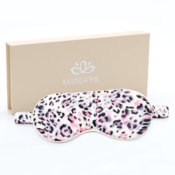 MANSPHIL Mulberry Silk Eye Sleeping Mask, Leopard Pink Print Pattern, 22 Momme 100% Silk Filled Sleep Mask for Travel, Nap - Gift Box