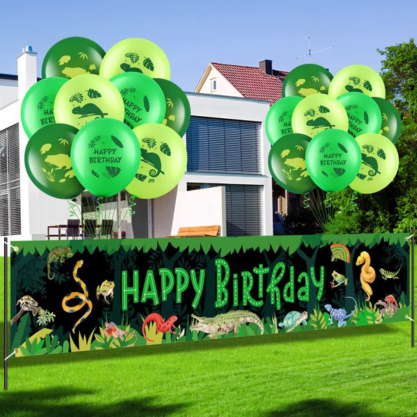 Reptile Birthday Decorations Jungle Party Supplies Reptile Swamp Birthday Banner Yard Sign and 18Pcs Reptile Birthday Balloons for Safari Animals Lizard Snake Turtle Alligator Themed Birthday Party