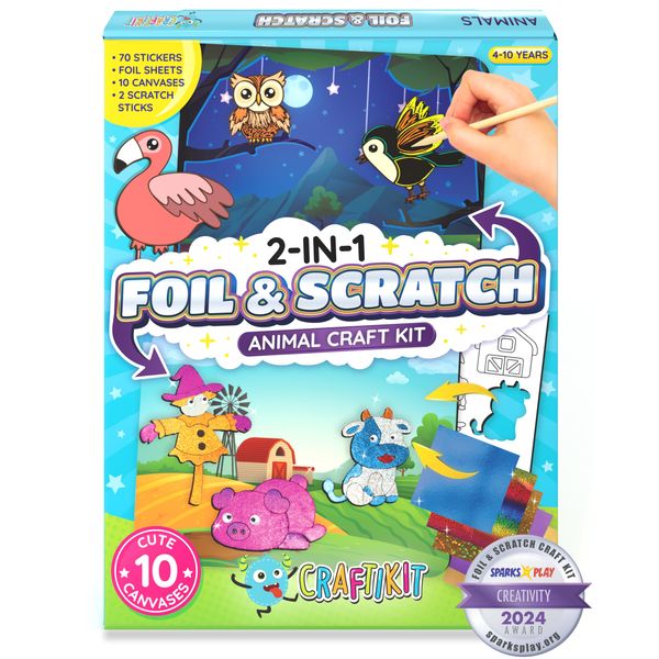 Craftikit ® Award-Winning Foil Art & Rainbow Scratch Art for Kids - 2-in-1 Arts and Crafts Kit for Kids Ages 4-10 - Animal Theme - Gifts for Girls, Boys & Toddlers Ages 4, 5, 6, 7, 8, 9, 10