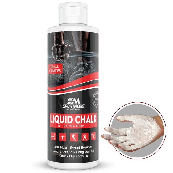 SPORTMEDIQ Pro Grade Liquid Chalk – Mess Free Professional Hand Grip for Gym, Weightlifting, Rock Climbing, Gymnastics, Rock Climbing - Dries in Seconds - 8.5 Oz