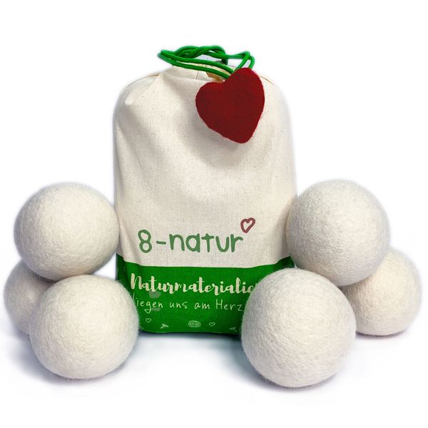 8-Natur - TÜV getestete Trocknerbälle für Wäschetrockner und Daunenjacken Schadstoff frei und tierfreundlich. Trockner Bälle aus 100% reiner Schafwolle. Wool dryer balls für Daunen