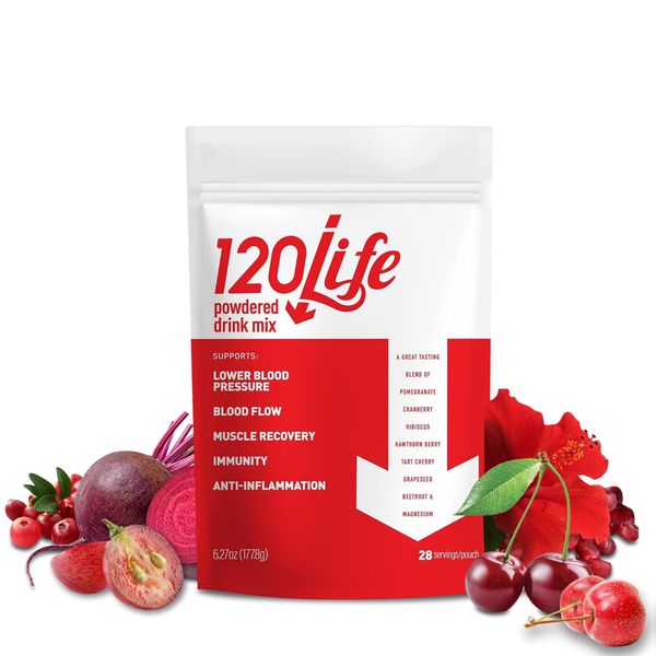 120/Life Blood Pressure Support, Organic Beet Root Powder Drink Mix with Pomegranate Powder, Cranberry Supplement, Tart Cherry, Hibiscus, and Magnesium (28 Servings) - Sugar-Free Juice, Vegan