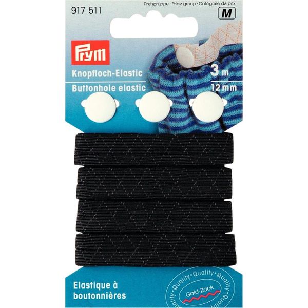 Prym Buttonhole Elastic with 3 Buttons 12 mm Black