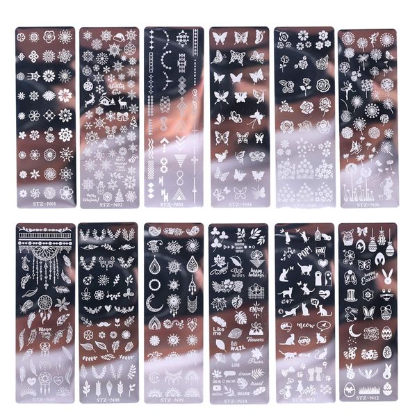 12 PCS Nail Stamp Templates - Art Stamping with Flower Butterfly Animal Design Metal Image Nail Plates for DIY Decorating Kit Polish Gel Template Plate Print Stamper Decals Set Manicure Stencils Tools