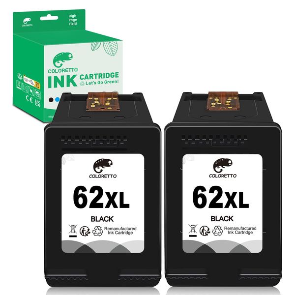 COLORETTO 62XL 2 Black Ink Cartridge for HP 62 XL Compatible with HP Envy 5544 5547