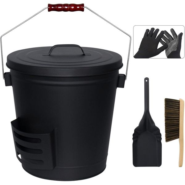 5.2 Gallon Metal Ash Bucket with Lid, Shovel, Broom and Gloves for Fire Pits