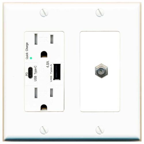 RiteAV 1 Port Coax Cable TV F-Type Wall Plate - USB A+C Charger [White/White]