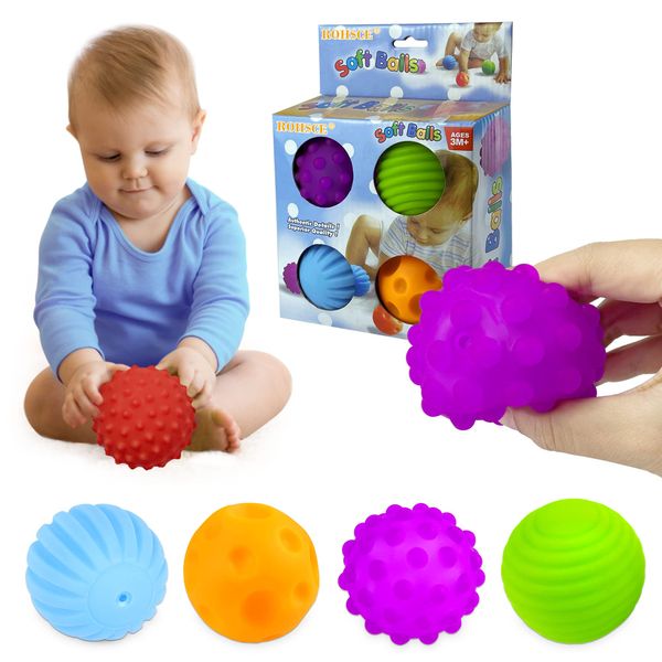 ROHSCE Montessori Toys for Babies 3 Months+, Baby Sensory Toys Baby Balls 3 to 12 Month for Babies & Toddlers 3M+, Balls for Toddlers Textured Multi Ball Set Gifts 4 Pack