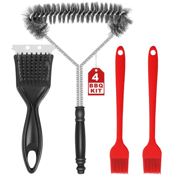 4PCS BBQ Cleaning Wire Brush Set with Soft Wire Brushes & Scraper Cleaner, 4 in 1 the BBQ Cleaning Brush Kit for Gas, Charcoal, Grill Grates