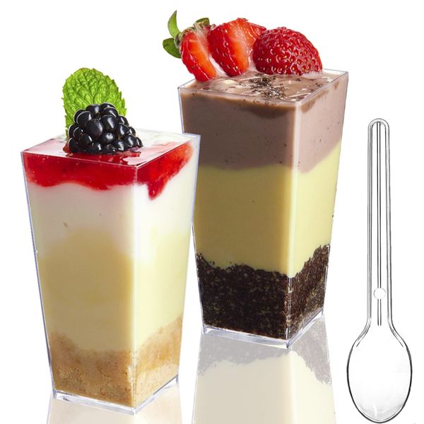 TOFLEN 50 Pack 3 oz Mini Dessert Cups with Spoons, Square Tall Clear Plastic Dessert Shooters Party Serving Tumbler Cups for Parfait Puddings Appetizers & Dessert Shot Glasses