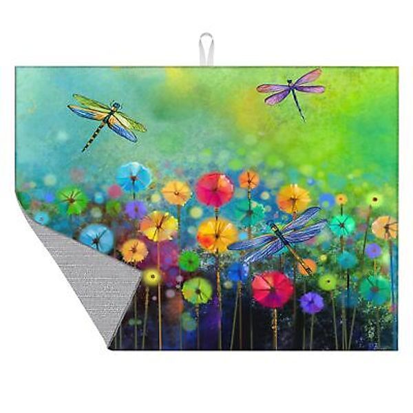 Dragonfly Watercolor Dish Drying Mat 18x24 Reversible Microfiber Counter Pad