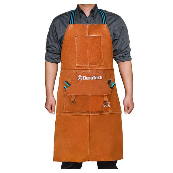 DURATECH Welding Apron, 36" Leather Welding Apron Heat Flame Resistant, Heavy Duty Welding Apron with 6 Tool Pockets, 100% Cowhide Leather Work Apron Big And Tall, Woodworking Apron