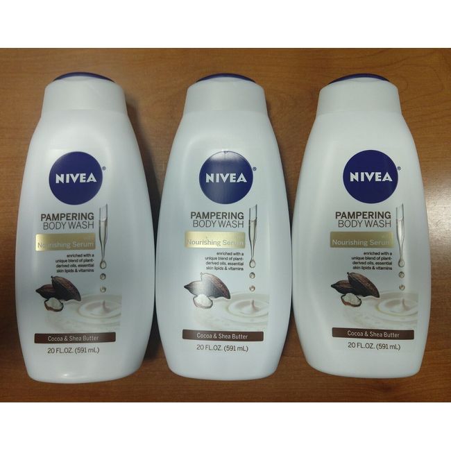 3 Pk: NIVEA Cocoa/Shea Butter Pampering Body Wash + Nourishing Serum 20oz. R4P7