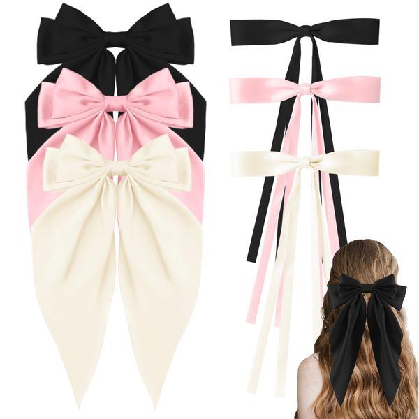 Tihebax 6Pcs Hair Bows for Women Pink Hair Bows for Women Girls Long Hair Ribbons for Women Bow Barrettes Women Big Bow Hair Clips for Women Silky Satin Hair Ribbon Bows Clips Black