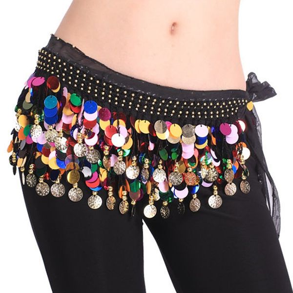 BellyLady Belly Dance Hip Scarf With Paillettes, Gold Coins Belly Dance skirt BLACK