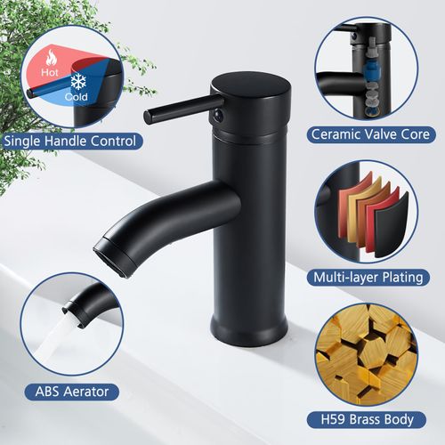 kisimixer Basin Taps Mixers Bathroom Sink Tap Black, Single Lever Hot and Cold Basin Mixer Tap with UK Standard Hoses, Modern Basin Taps for Bathroom