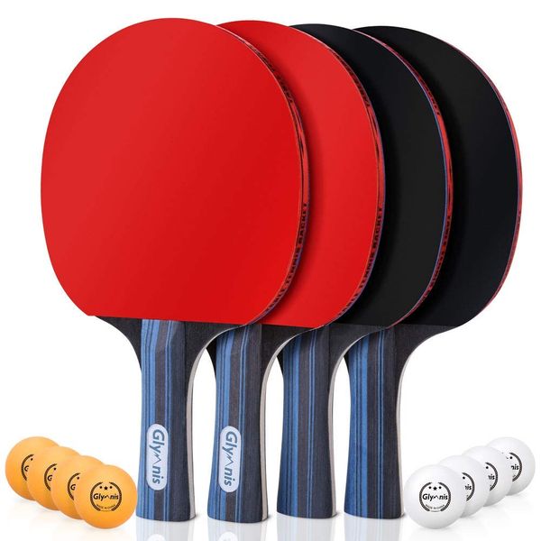 Glymnis Ping Pong Paddles Set of 4 Table Tennis Rackets with 8 Balls, Storage Case for Indoor Outdoor Table Tennis Paddle Game Accessories