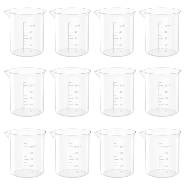 1.7 Oz Transparent Lab Measuring Cup, 50ml Plastic Beaker Cups, for Science Experiment, Liquid Measuring, 12 Pcs