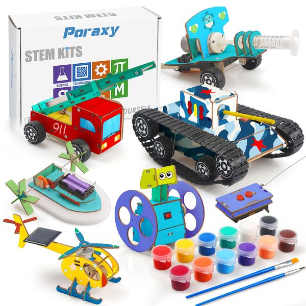 Poraxy STEM Projects for Kids Ages 8-12, 6 Set Model Car Kits, 3D Wooden Puzzles, Educational Science Experiment Crafts Kits, Building Toys, Gifts for Boys and Girls 8 9 10 11 12 Year Old